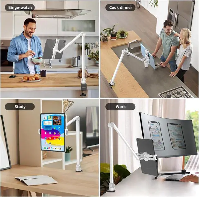 Alt view image 2 of 5 - BEWISER Tablet Stand Holder Desk Mount,360°Rotating Flexibly, Angle Adjustable Long Arm, Folding Aluminium Alloy Compatible with4.7-13" Phone or Tablet in Kitchen/Office(White)