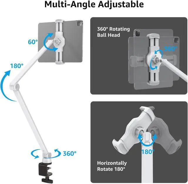 Alt view image 5 of 5 - BEWISER Tablet Stand Holder Desk Mount,360°Rotating Flexibly, Angle Adjustable Long Arm, Folding Aluminium Alloy Compatible with4.7-13" Phone or Tablet in Kitchen/Office(White)