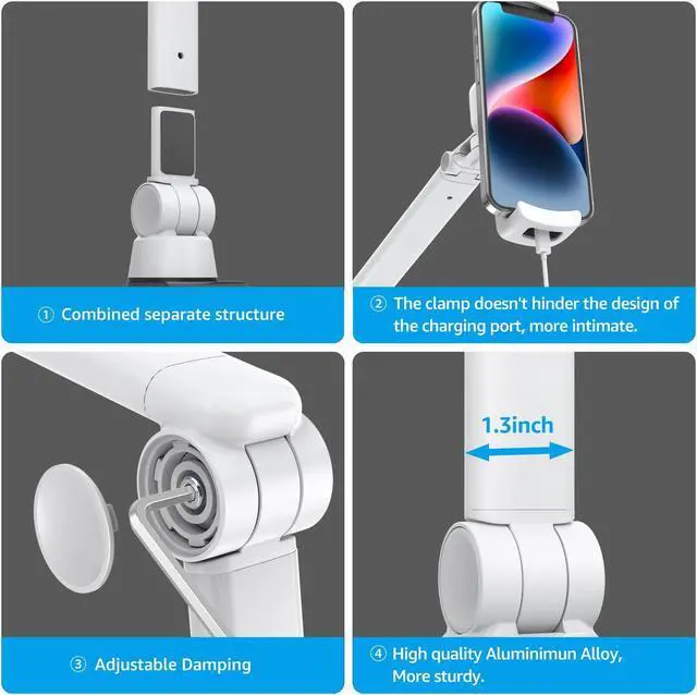 Alt view image 4 of 5 - BEWISER Tablet Stand Holder Desk Mount,360°Rotating Flexibly, Angle Adjustable Long Arm, Folding Aluminium Alloy Compatible with4.7-13" Phone or Tablet in Kitchen/Office(White)