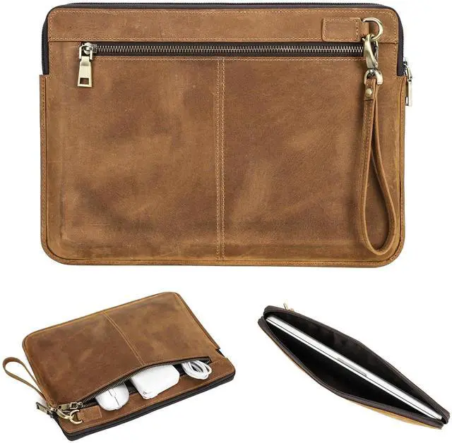 Main image of CataPurus Top Grain Leather 14.2" Slim Laptop Sleeve Case Bag, Vintage Design with 2 Zip Pockets, Handmade, Compatible with MacBook Pro 14" 2021 2022 M1 Pro/M1 Max A2442 & Other PC, Brown 14.2 Inch