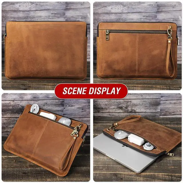 Alt view image 2 of 5 - CataPurus Top Grain Leather 14.2" Slim Laptop Sleeve Case Bag, Vintage Design with 2 Zip Pockets, Handmade, Compatible with MacBook Pro 14" 2021 2022 M1 Pro/M1 Max A2442 & Other PC, Brown 14.2 Inch