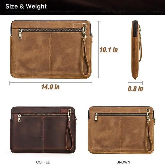 Alt view image 4 of 5 - CataPurus Top Grain Leather 14.2" Slim Laptop Sleeve Case Bag, Vintage Design with 2 Zip Pockets, Handmade, Compatible with MacBook Pro 14" 2021 2022 M1 Pro/M1 Max A2442 & Other PC, Brown 14.2 Inch