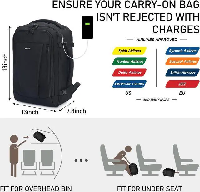Alt view image 3 of 5 - ECOHUB Travel Backpack 18x14x8 Spirit Airlines Personal Item Bag Carry On Backpack 13 Pockets Large Work Casual Daypack for men Airline Approved Waterproof Gym Backpack with Charging Port, Black