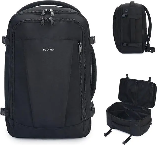 Main image of ECOHUB Travel Backpack 18x14x8 Spirit Airlines Personal Item Bag Carry On Backpack 13 Pockets Large Work Casual Daypack for men Airline Approved Waterproof Gym Backpack with Charging Port, Black