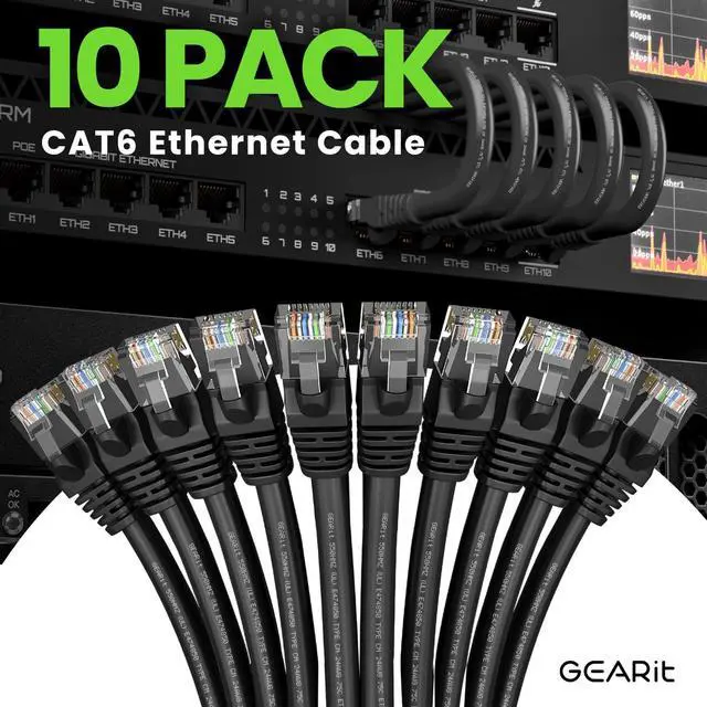 Alt view image 2 of 5 - GEARit Cat 6 Ethernet Cable (10-Pack 25 Feet) Cat6 Network Patch, 10Gbps, RJ45, Snagless Cord, Gold-Plated Connectors, Internet for PC, TV, Tablet, Router, Printer, Servers, IT Data Center - Black