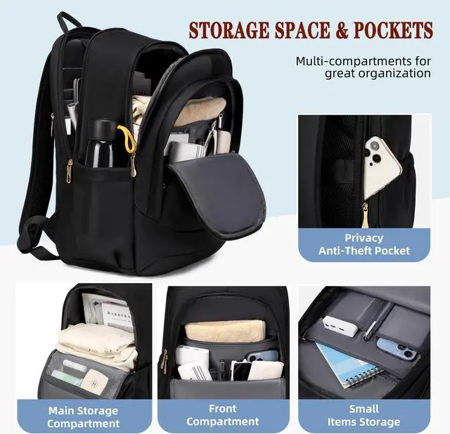 Alt view image 4 of 5 - Travel Laptop Backpack for Women 15.6 Inch Computer Backpacks with USB Charging Hole Anti Theft Carry on Bag College Bookbag Large Black Back Pack for Work Business Traveling Commuter Daypack-Black