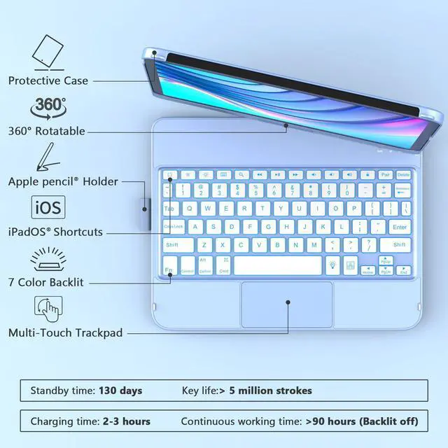 Alt view image 3 of 5 - For iPad (A16) 11th &10th Generation Case with KeyboardTouch Keyboard Case for iPad 1 inch 2025 & 10th Gen 10.9 inch 2022 - 10 Color Backlight, 360° Rotatable Protective Cover with Pencil Holder