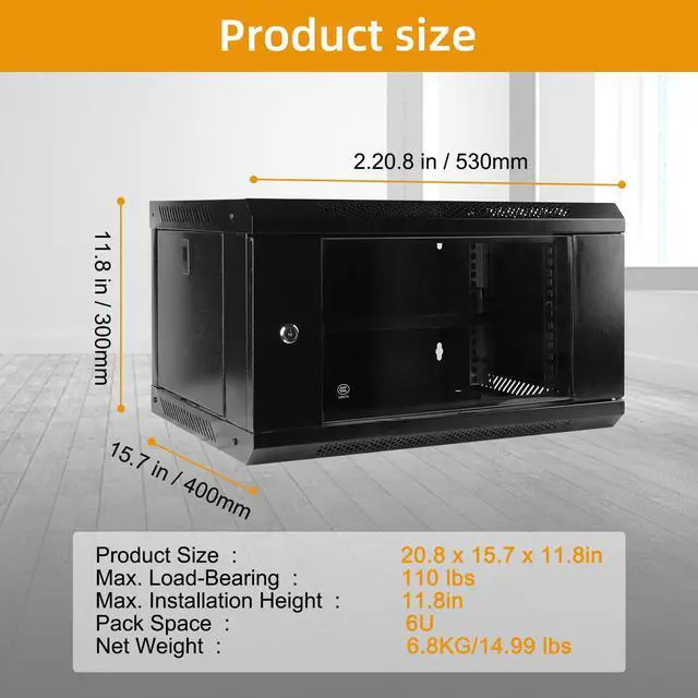 Alt view image 2 of 5 - 6U Wall Mount Network Server Cabinet with Glass Door, Locks, Removable Side Panels, for IT Equipment, A/V Devices, Black