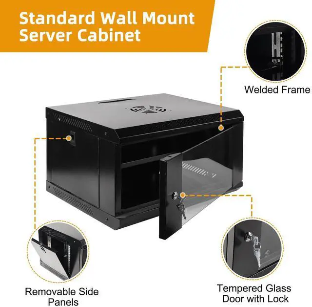 Alt view image 4 of 5 - 6U Wall Mount Network Server Cabinet with Glass Door, Locks, Removable Side Panels, for IT Equipment, A/V Devices, Black