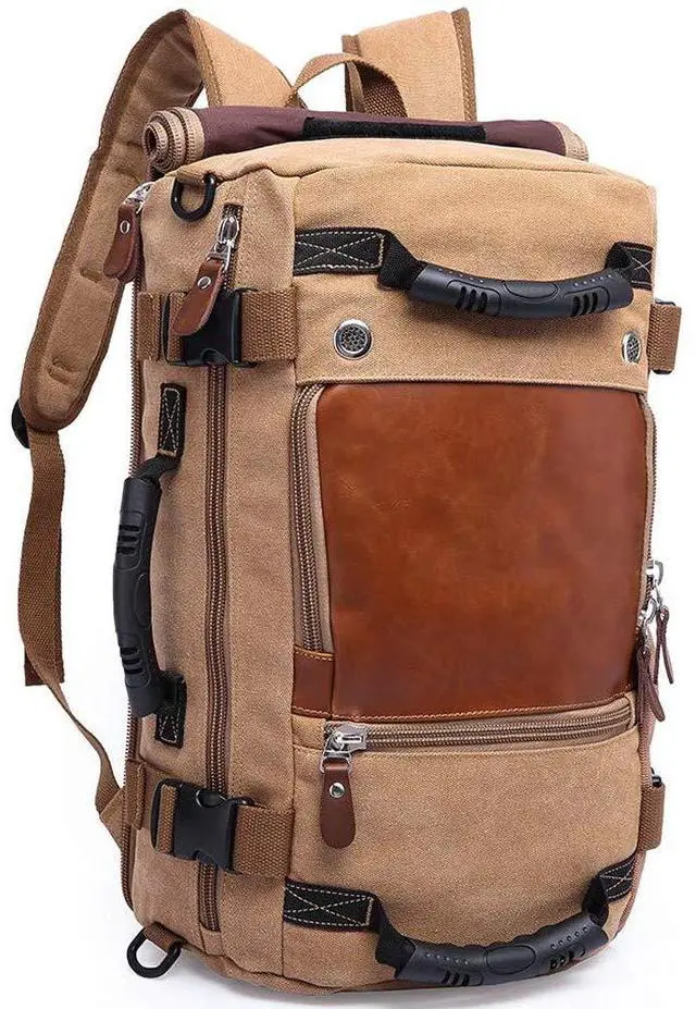 Main image of KAKA Travel Backpack,Canvas Duffel Bag for Traveling,Leather Vintage Travel Bags for Men,Carry on Weekender 15.6" Laptop backpacks Bag,khak