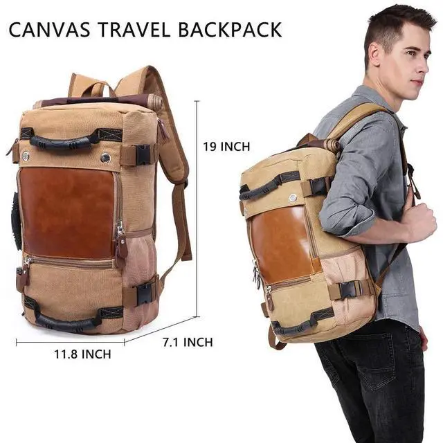 Alt view image 2 of 5 - KAKA Travel Backpack,Canvas Duffel Bag for Traveling,Leather Vintage Travel Bags for Men,Carry on Weekender 15.6" Laptop backpacks Bag,khak