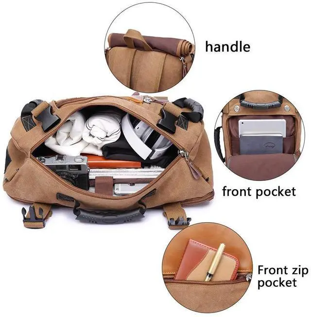 Alt view image 3 of 5 - KAKA Travel Backpack,Canvas Duffel Bag for Traveling,Leather Vintage Travel Bags for Men,Carry on Weekender 15.6" Laptop backpacks Bag,khak