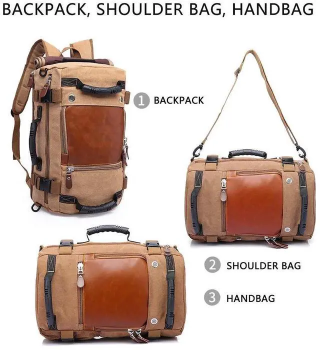 Alt view image 4 of 5 - KAKA Travel Backpack,Canvas Duffel Bag for Traveling,Leather Vintage Travel Bags for Men,Carry on Weekender 15.6" Laptop backpacks Bag,khak