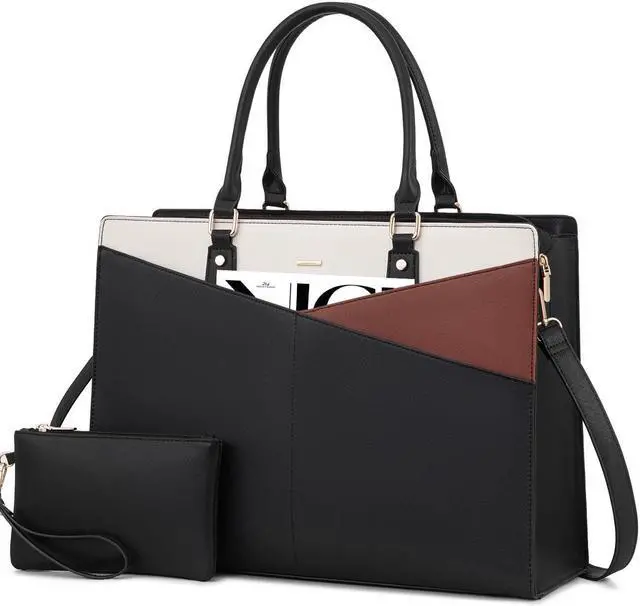 Main image of LOVEVOOK Laptop Tote Bag for Women, Leather Business Office Work Bag Computer Briefcase with Small Clutch fit for 15.6 Inch Laptop,Black-Brown-Beige