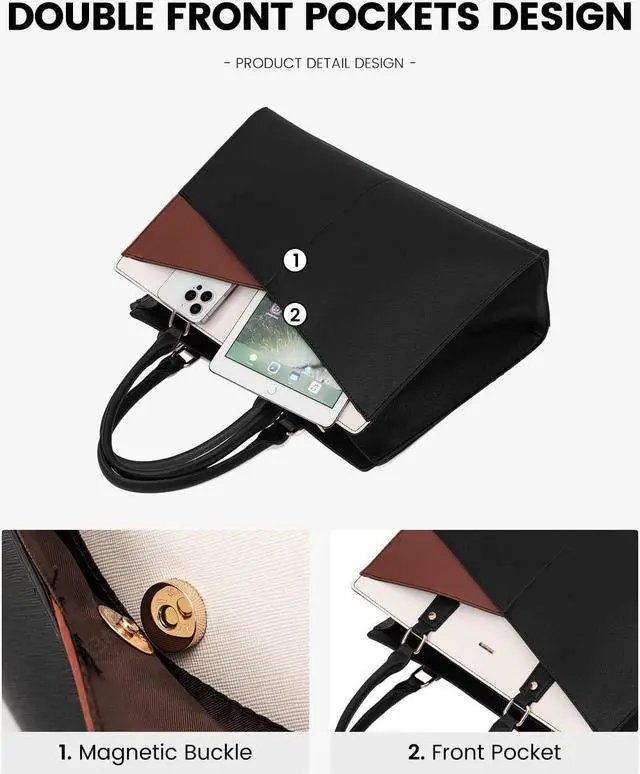 Alt view image 2 of 5 - LOVEVOOK Laptop Tote Bag for Women, Leather Business Office Work Bag Computer Briefcase with Small Clutch fit for 15.6 Inch Laptop,Black-Brown-Beige