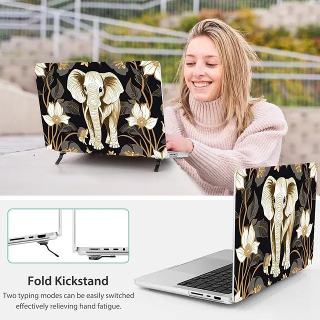 Alt view image 5 of 5 - Mektron Ultra Thin Printed Case for MacBook Pro 16 inch 2024 M4 A3403 A3186 Fits 2023 2021 M3 A2991 M2 A2780 M1 A2485 Pro/Max, Protective Hard Shell with Fold Kickstand,Vibrant Elephant