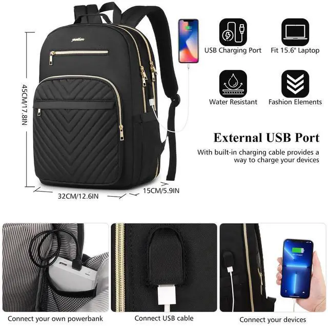 Alt view image 3 of 5 - YAMTION Laptop Backpack Women,School Backpack for Women USB Bookbag for Business Work Office College Students Teacher,Black 15.6 inch