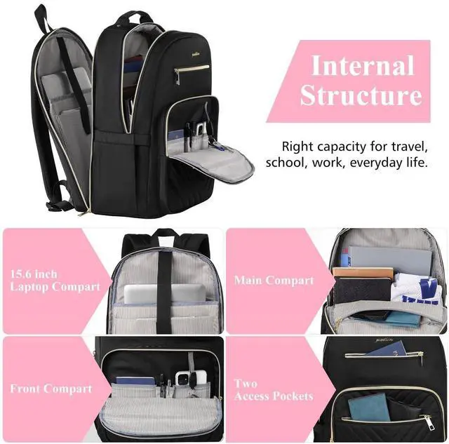 Alt view image 4 of 5 - YAMTION Laptop Backpack Women,School Backpack for Women USB Bookbag for Business Work Office College Students Teacher,Black 15.6 inch