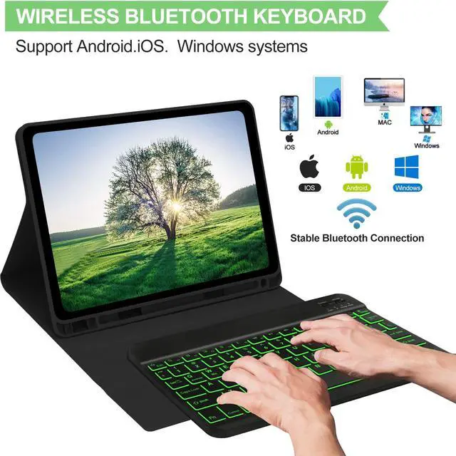 Alt view image 4 of 5 - Keyboard Case for iPad Air 11 inch (M3 2025 / M2 2024) & iPad Pro 11(4th/3rd/2nd/1st Gen), 7 Colors Backlit Detachable Keyboard, Smart Protection Cover with Pencil Holder for Air 5th/4th 10.9'' Green