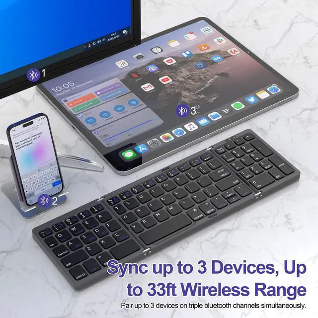 Alt view image 2 of 5 - Yeemie Foldable Bluetooth Keyboard with Numeric Keypad for Travel, Portable Folding Wireless Bluetooth Keyboard with Numpad for iPad iPhone Android Smartphone Tablet Laptop PC, Sync up to 3 Devices