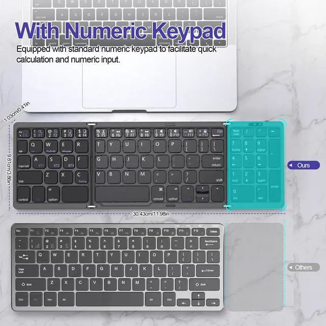 Alt view image 4 of 5 - Yeemie Foldable Bluetooth Keyboard with Numeric Keypad for Travel, Portable Folding Wireless Bluetooth Keyboard with Numpad for iPad iPhone Android Smartphone Tablet Laptop PC, Sync up to 3 Devices