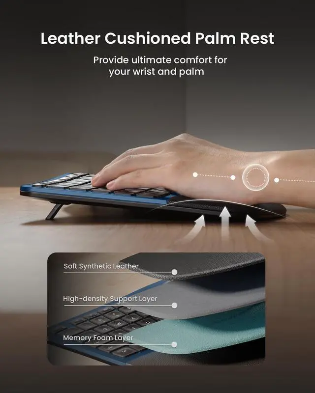 Alt view image 3 of 5 - ProtoArc Ergonomic Wireless Keyboard Mouse, EKM01 Plus Full Size Ergo Bluetooth Keyboard Mouse Combo, Split Design, Wrist Rest, Multi-Device, Rechargeable, for Windows/Mac OS - Dark Blue