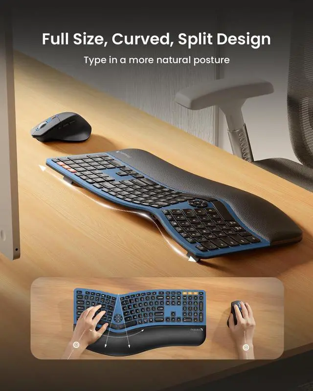 Alt view image 2 of 5 - ProtoArc Ergonomic Wireless Keyboard Mouse, EKM01 Plus Full Size Ergo Bluetooth Keyboard Mouse Combo, Split Design, Wrist Rest, Multi-Device, Rechargeable, for Windows/Mac OS - Dark Blue