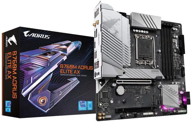 Main image of GIGABYTE B760M AORUS Elite AX (LGA 1700/ Intel/ B760/ M-ATX/ DDR5/ Dual M.2/ PCIe 4.0/ USB 3.2 Gen2X2 Type-C/Intel Wi-Fi 6E/ 2.5GbE LAN/Q-Flash Plus/PCIe EZ-Latch/Gaming Motherboard)