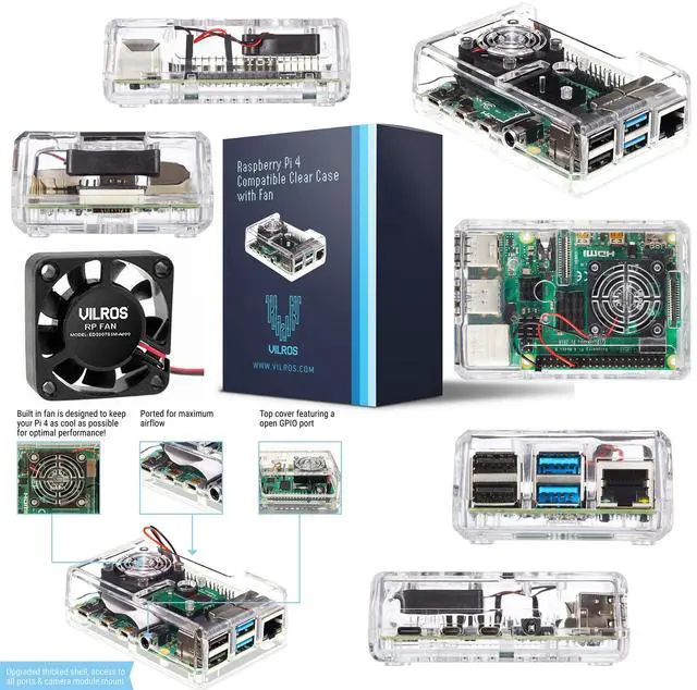 Alt view image 3 of 5 - Vilros Raspberry Pi 4 Complete Starter Kit - Includes Pi 4 Board, Fan Cooled Case, 64GB Preloaded Micro SD Card and More (2GB, Clear Transparent Case)