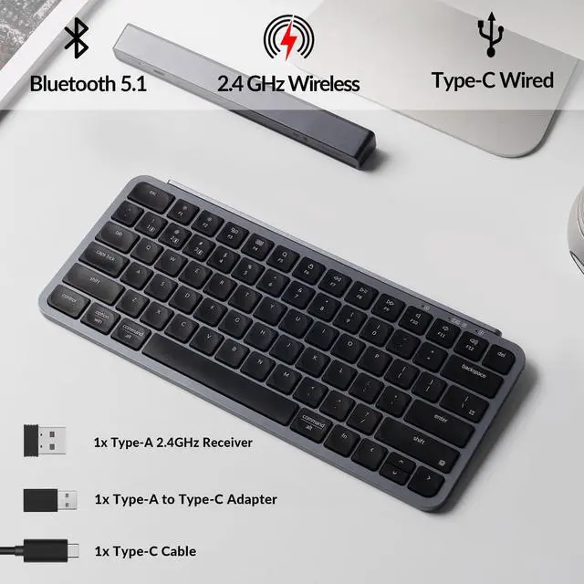 Alt view image 2 of 5 - Keychron B1 Pro Ultra-Slim ZMK/Launcher Wireless Bluetooth 2.4 GHz/Wired Connection Keyboard for Mac Windows Linux - Gray