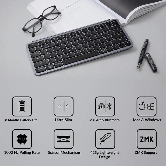 Alt view image 3 of 5 - Keychron B1 Pro Ultra-Slim ZMK/Launcher Wireless Bluetooth 2.4 GHz/Wired Connection Keyboard for Mac Windows Linux - Gray