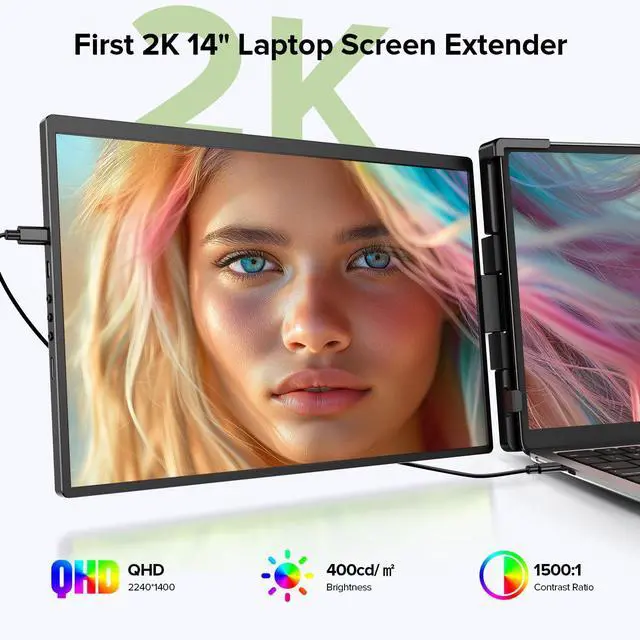 Alt view image 2 of 5 - UPERFECT Laptop Screen Extender, 2K 14" 360°Unique Swivel Hinge w/ 180° Automatic Rotation, 2240x1400 QHD IPS Portable Monitor for 14"-17'' Laptops, Plug & Play with Mac, Wins, Dex (Only one Screen)