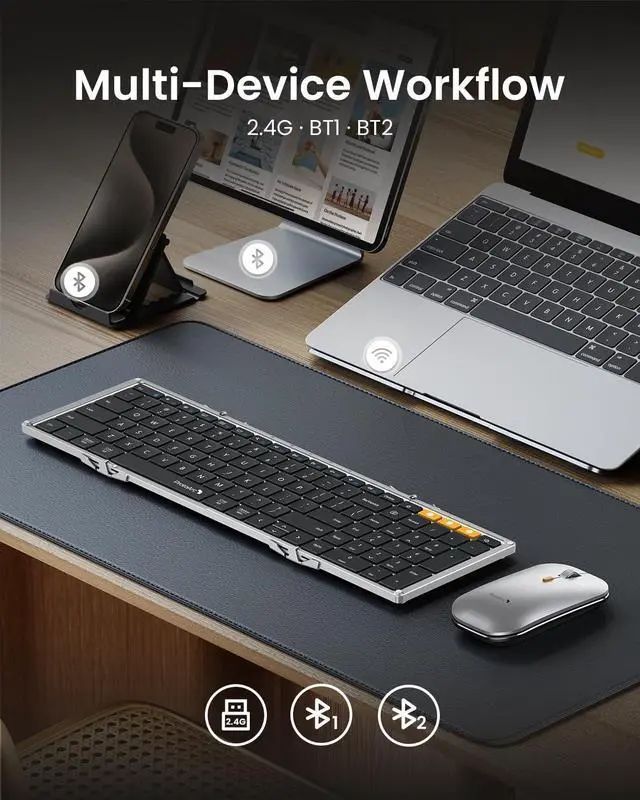 Alt view image 3 of 5 - ProtoArc Foldable Keyboard and Mouse, XKM01 True Full-Size Folding Keyboard Mouse Combo for Business and Travel, 2.4G+Dual Bluetooth Portable Mouse Keyboard for Laptop iPads Tablets -Black Silver