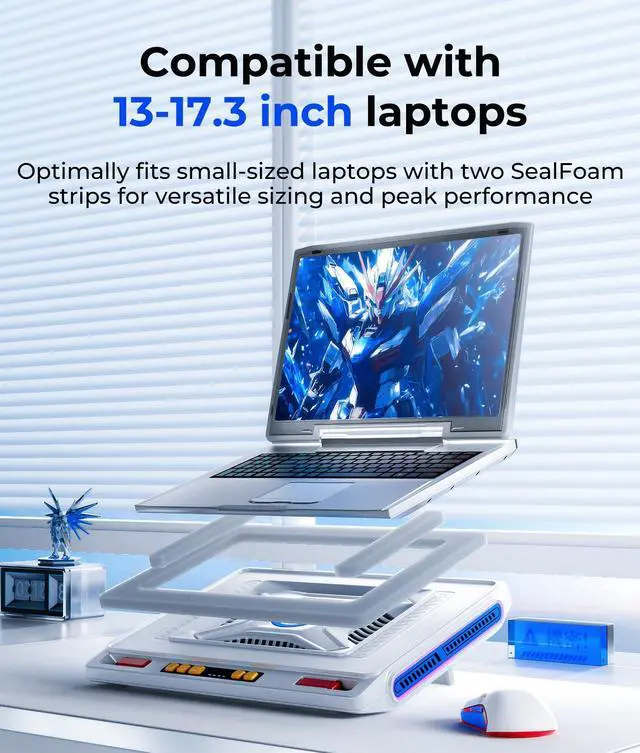 Alt view image 5 of 5 - llano V10 Gaming Laptop Cooler, RGB Laptop Cooling Pad Stand with Powerful 4.72 Inch External Turbo Cooling Fan, Fast Cooling Computer 13-17.3inch, 3 Adjustable Stand, 4-Port USB C&A (White)