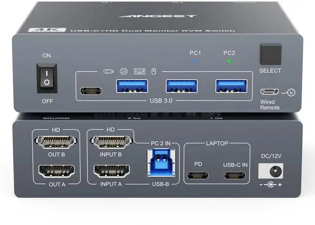 Main image of Dual Monitor KVM Switch for Laptop & Desktop 4K@60Hz, USB C and HDMI KVM Switch 2 Monitors 2 Computers with 4 USB 3.0 Port for Keyboard Mouse, 80W PD Charging, with Wired Remote and USB C Cable