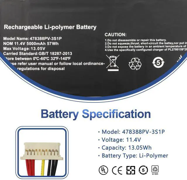 Alt view image 2 of 5 - ANTIEE U478388PV-3S1P U478388PV 478388PV-3S1P Laptop Battery Replacement for Gateway GWTN156-12Bl GWTN156-12BK GWTN156-12BL GWTN156-12GR GWTN156-12RD Series 3ICP5/83/88 11.4V 57Wh 5000mAh
