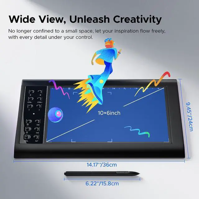 Alt view image 2 of 5 - Graphic Drawing Tablet, ienRon 10x6.25 Inch Screen,Digital Art Tablet & Sketch Pad - 8192 Pressure Battery-Free Pen, 12 Hot Keys, Compatible Windows/Android, Includes Stand,Good Gifts,Black Pad