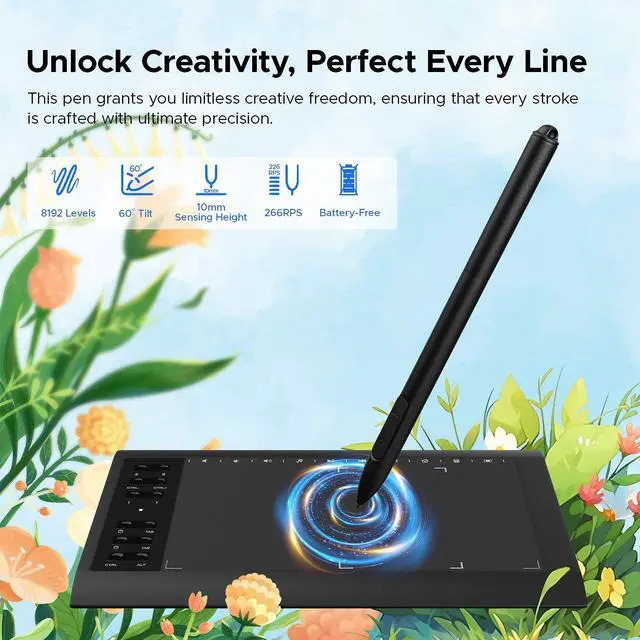 Alt view image 5 of 5 - Graphic Drawing Tablet, ienRon 10x6.25 Inch Screen,Digital Art Tablet & Sketch Pad - 8192 Pressure Battery-Free Pen, 12 Hot Keys, Compatible Windows/Android, Includes Stand,Good Gifts,Black Pad