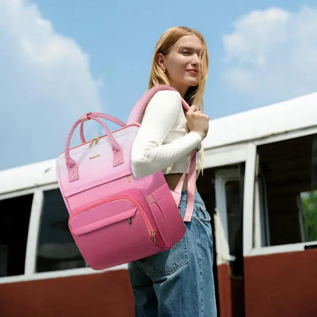 Alt view image 2 of 5 - LOVEVOOK Gradient Laptop Backpack for Women,15.6 Inch Work Computer Bakcpack Purse Laptop Bag With Anti-Theft Pocket,Waterproof Carry on Teacher College Backpack for Travel,Pink-White