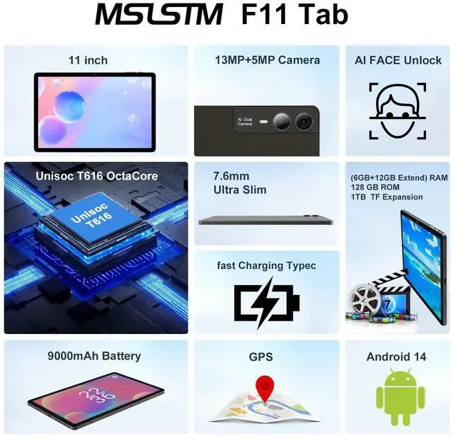 Alt view image 2 of 5 - MSLSTM 2025 Latest 11 inch Tablet Android 14 Tablets 18GB RAM 128GB ROM+1TB TF Expand, 2K Display, T616 CPU,23 MP Camera, 5G WiFi,4 Speakers, Tablet with Keyboard,case, Pen(Gray)