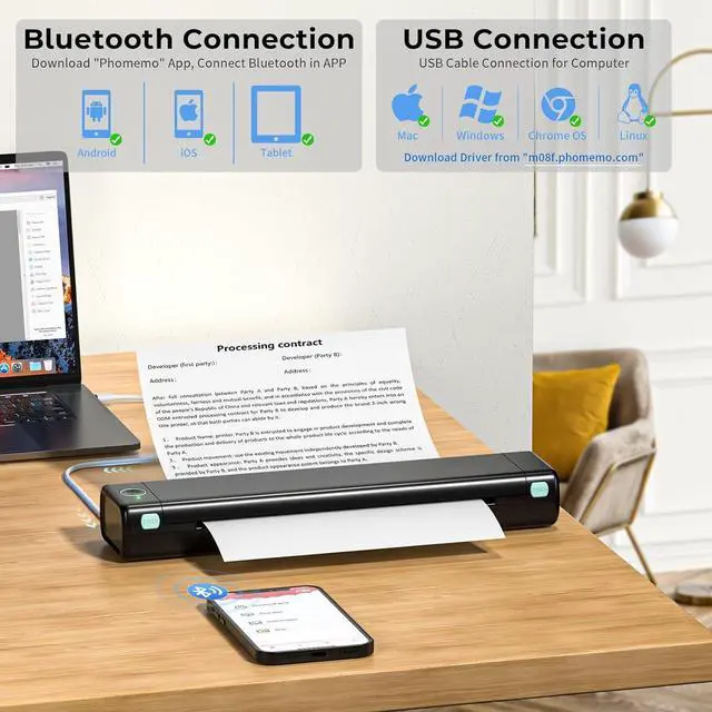 Alt view image 3 of 5 - Phomemo M08F Portable Printer Wireless for Travel, Thermal Bluetooth Inkless Printer for 8.5" X 11" Thermal Paper, Compatible with Android iOS Phone Laptop, Mobile Printer with Case