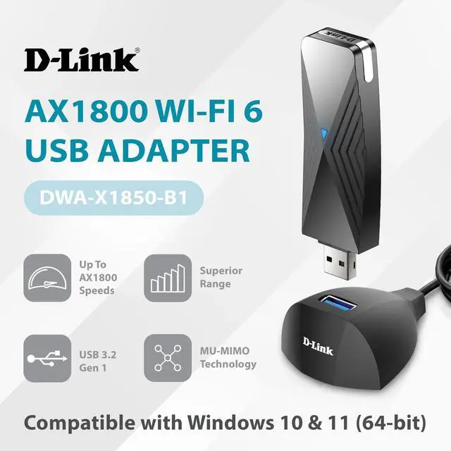 Alt view image 2 of 20 - D-Link Wi-Fi 6 AX1800 Gigabit USB 3.0 Adapter with Cradle for Upgrading Desktop & Laptop PCs  - (DWA-X1850-B1)