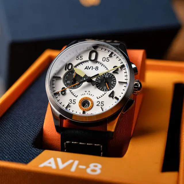 Alt view image 7 of 7 - AVI-8 Spitfire Lock Chronograph Bethlem White Dial Quartz Men's Watch AV-4089-0B