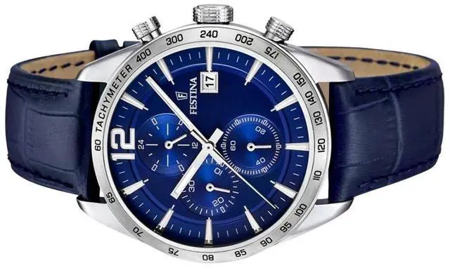 Alt view image 3 of 3 - Festina Timeless Chronograph Leather Strap Blue Dial Quartz F16760-3 Men's Watch