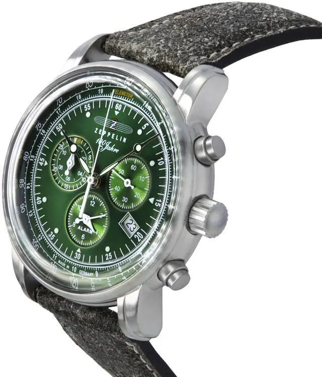 Alt view image 3 of 4 - Zeppelin 100 Jahre Chronograph Leather Strap Green Dial Quartz 86804 Men's Watch