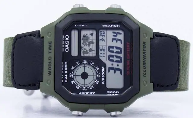Alt view image 8 of 10 - Casio AE-1200WHB-3BV Men's Multi Function Green Band Digital Watch w/ World Time