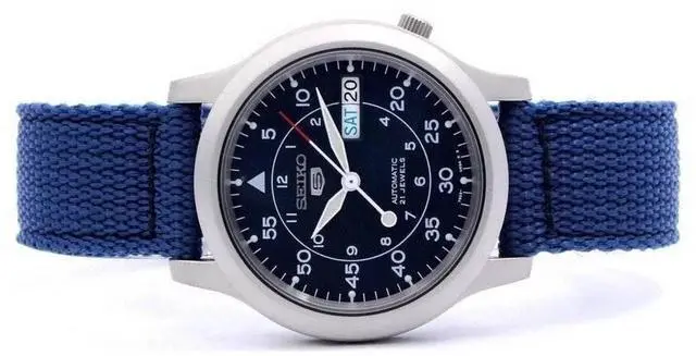 Alt view image 7 of 8 - seiko men's snk807 seiko 5 automatic stainless steel watch with blue canvas band