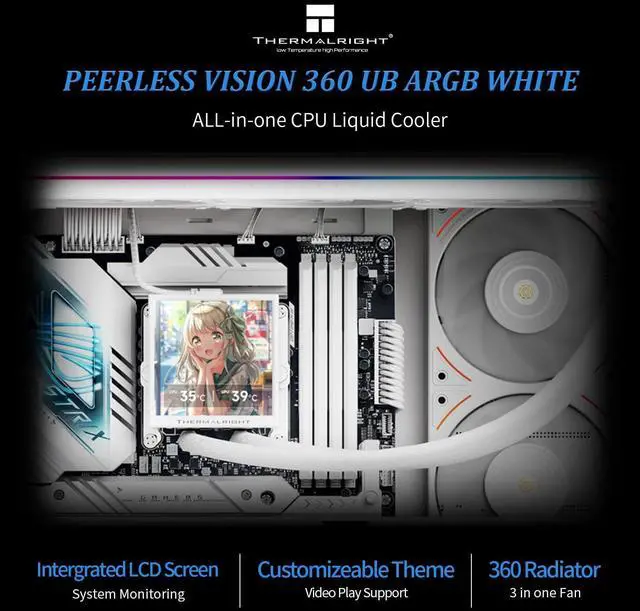 Alt view image 2 of 6 - Thermalright Peerless Vision 360 UB ARGB White 360mm AIO CPU Liquid Cooler, 3.95" 480x480 LCD, 2150RPM PWM ARGB Fans, for Intel and AMD