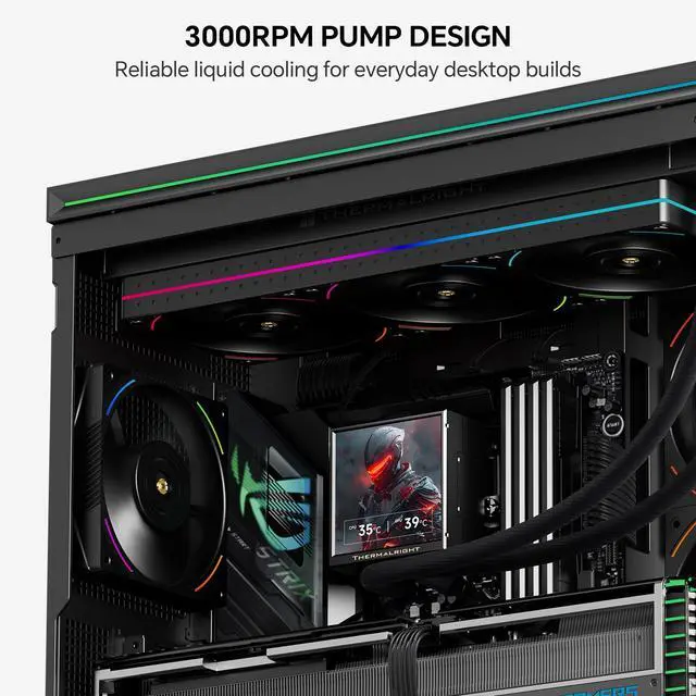 Alt view image 3 of 7 - Thermalright Peerless Vision 360 UB ARGB Black 360mm AIO CPU Liquid Cooler, 3.95" 480x480 LCD, 2150RPM PWM ARGB Fans, for Intel and AMD