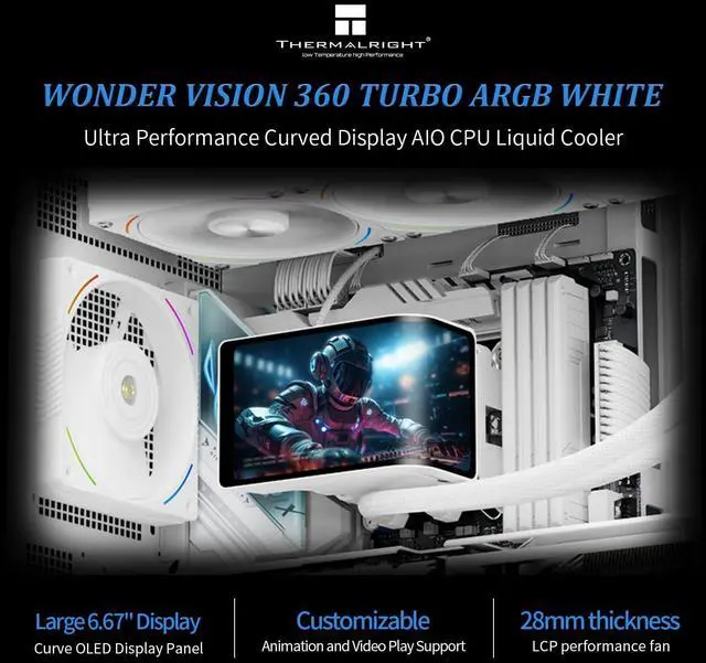 Alt view image 2 of 7 - Thermalright Wonder Vision 360 Turbo ARGB White 360mm AIO CPU Liquid Cooler, 6.67" 2400x1080 LCD, 3000RPM Turbo PWM ARGB Fans, for Intel and AMD